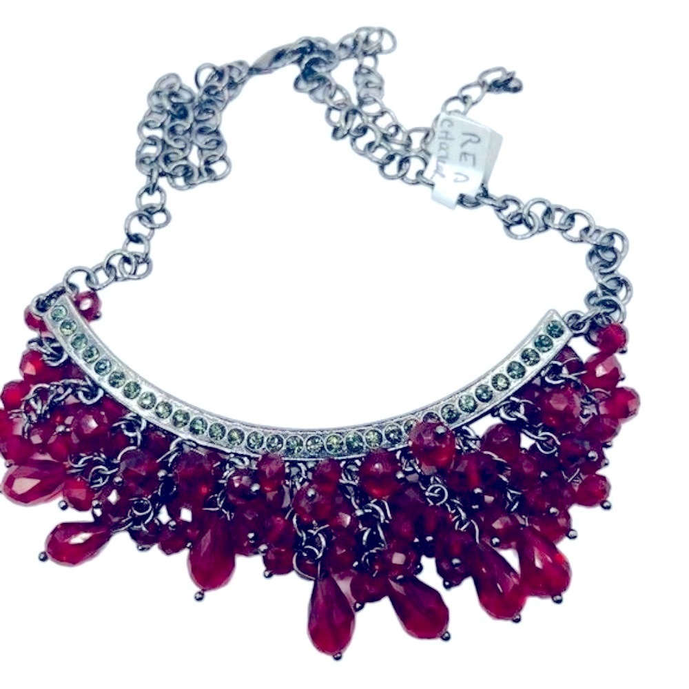 Womens Fashion Garnet Colored Faceted Beads Fringe Hematite Rhinestones Drop Bib - Picture 5 of 5